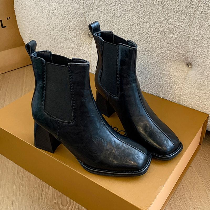 Square Toe Chunky Women Ankle Boots Leather High Heels Retro Elegant Shoes 2025 Trend Winter Designer Classic Pumps Botas Mujer