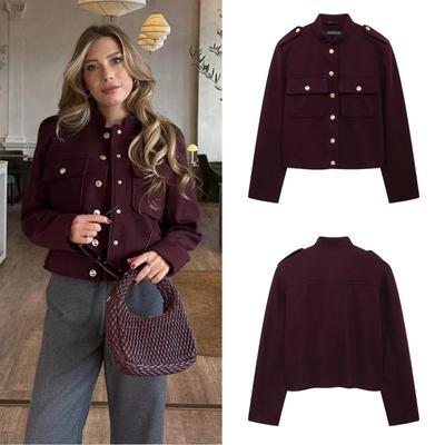 Элегантная женская укороченная куртка бордового цвета с воротником-стойкой, однобортное пальто с длинными рукавами и карманами, осенняя женская верхняя одежда 2024 года, новинка
