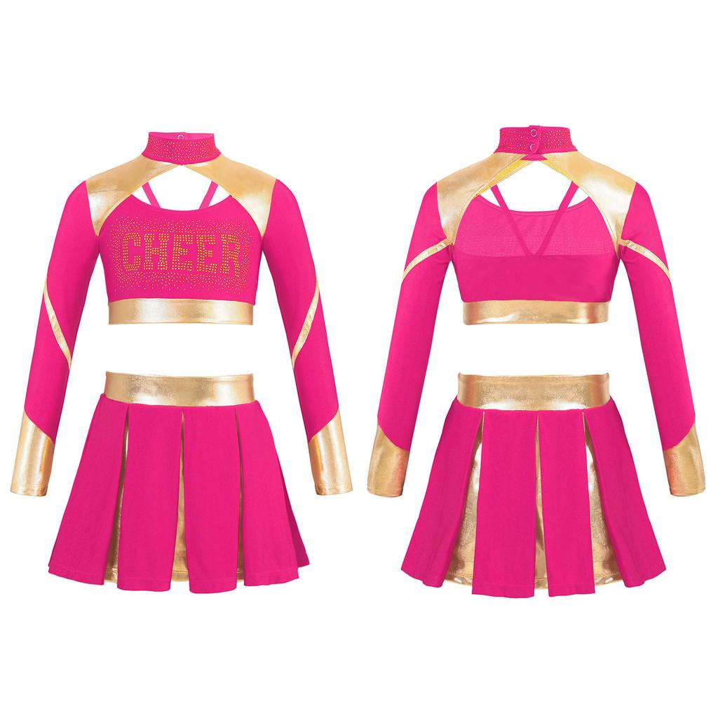 Girls Two Piece Cheerleading Dance Outfit School Stage Performance Show Cheering Team Uniform Set Masquerade Carnival Rave Suit