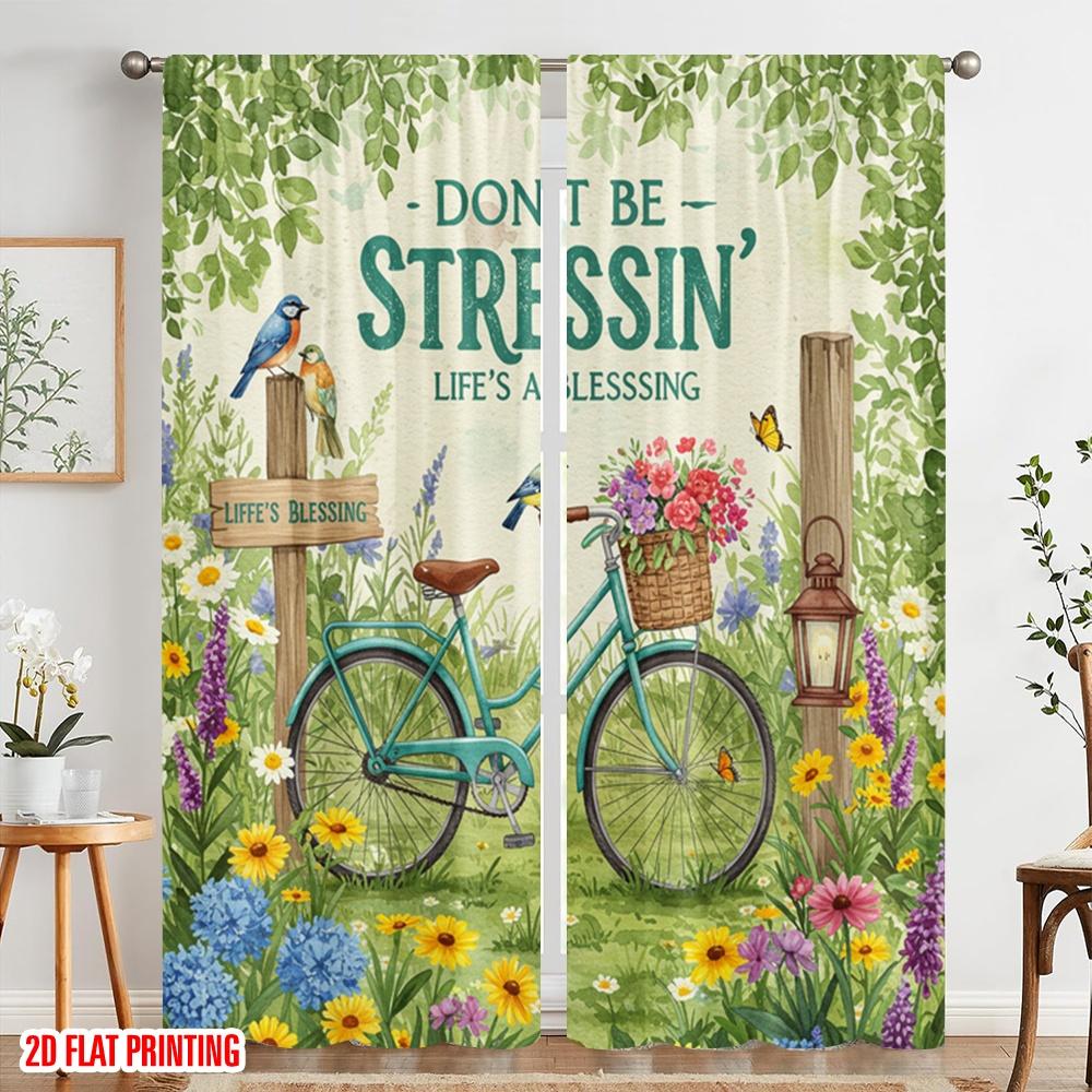 2pcs 2D Flat Printing Scene Curtains Don't Be Stressin' Life Blessing Polyester Without Electricity 0 Use for Classroom Office