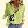 Women Fashion Cotton Linen Shirt Casual Thin Long Sleeved Top Ladies Cat Print Buttoned Blouse