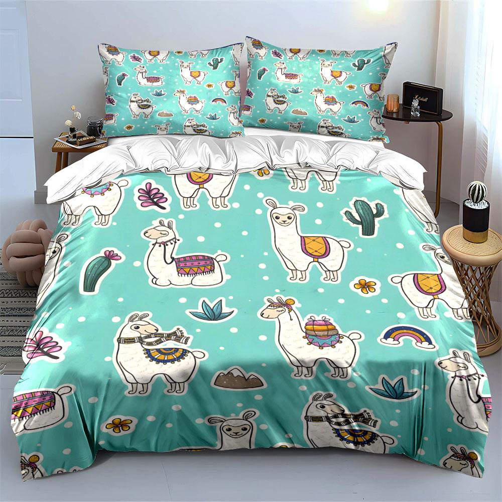 Cute Llama Cactus Rainbow Print Bedding Duvet Cover Set (1*Duvet Cover 2*Pillowcases, without duvet insert)