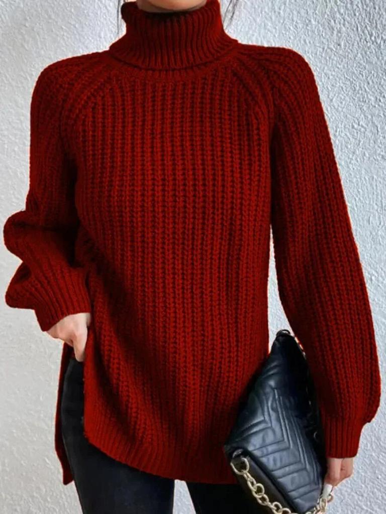Autumn/Winter Soft Knitwear Fashion Raglan Long Sleeve Turtleneck Split Sweater Casual Warm Solid Mid-length Pullover 29572