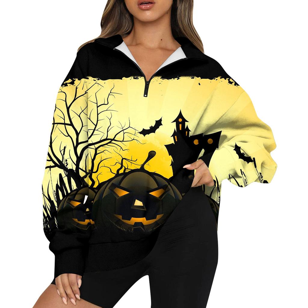 Women's Fashion Casual Long Sleeve Halloween Printed Zipper Turtleneck Drop Shoulder Sweatshirt Top