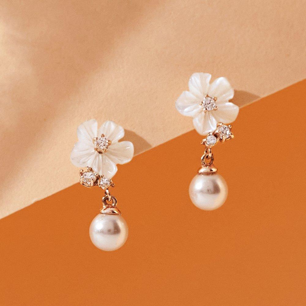 14K Swallow Pearl Mother-of-Pearl Flower Earrings W