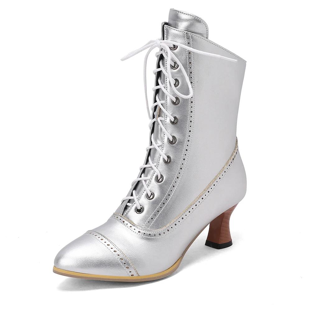 New Lace Up Ladies High Heel Shoes Strange Steampunk Boot Victorian Ankle Boots Women Pointed Toe Thick Soled Short Boots
