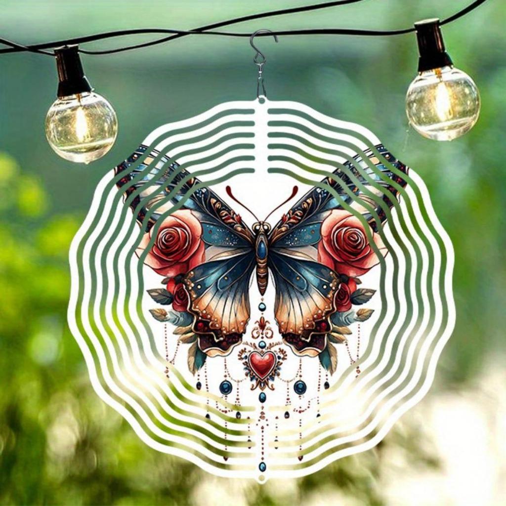 Металлический колокольчик ветра «Роза и бабочка», декор для сада на открытом воздухе с 3D-динамическим искусством, вращающиеся на 360° крючки, работающий от ветра для патио, двора или праздничного украшения