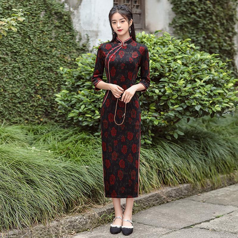 1011 New long seven-quarter-sleeved concubine mink daily cheongsam improved Chinese style mother dress