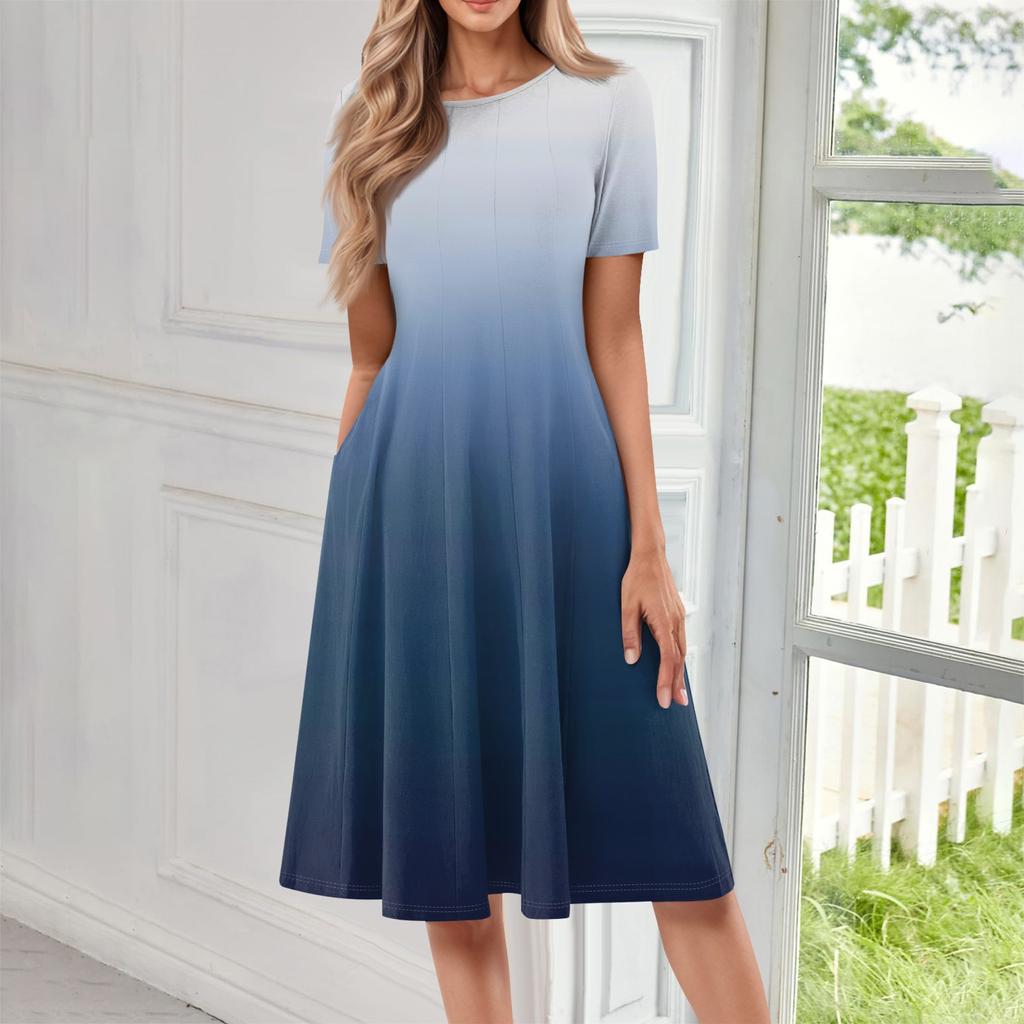 Женское повседневное модное платье с круглым вырезом и коротким рукавом средней длины с градиентом