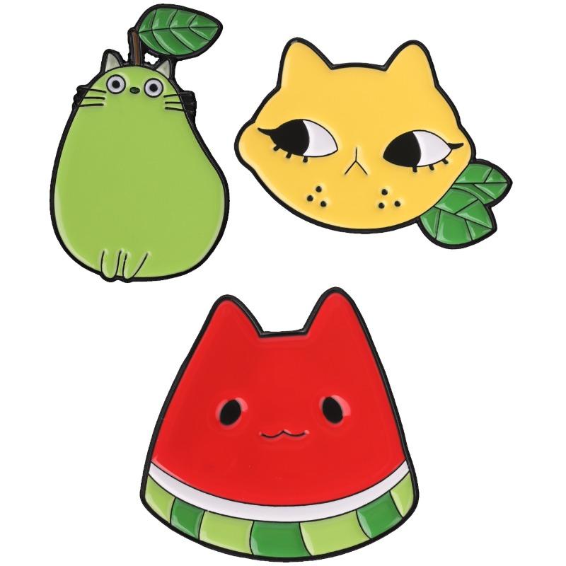 Fruit Cat Badges Cartoon Pear Lemon Watermelon Kitten Enamel Pin Funny Backpack Brooch Kawaii Animal Accessories
