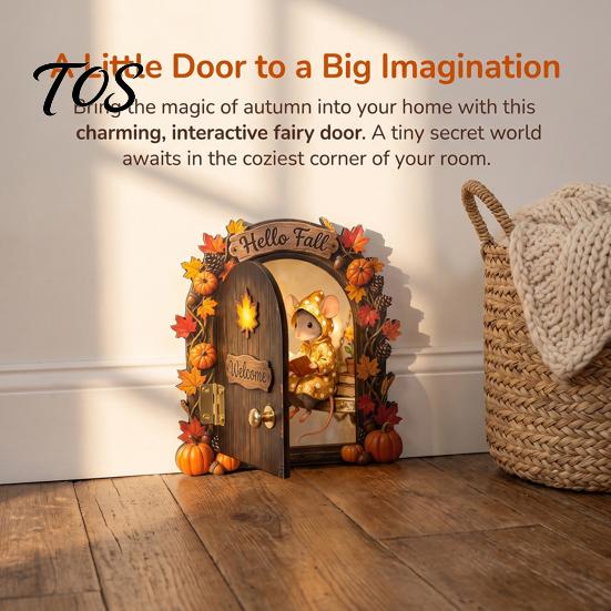 Elf Decorative Ornaments Wooden Door Halloween Decor, 2D Fairy Mouse Miniature Wall Rustic Autumn Shelf Decor Hanging, Ornament for Home, Thanksgiving
