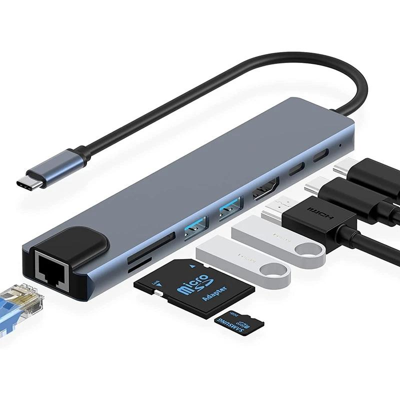 USB-хаб 8-в-1 Type C, разветвитель Type C на USB 3.0, зарядка PD 100 Вт, адаптер RJ45 Lan, 4K HDTV для ноутбуков Type C