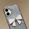 For iPhone 16 Case Large Bowknot Electroplated Glitter Epoxy Shockproof Phone Cover with Strap - White