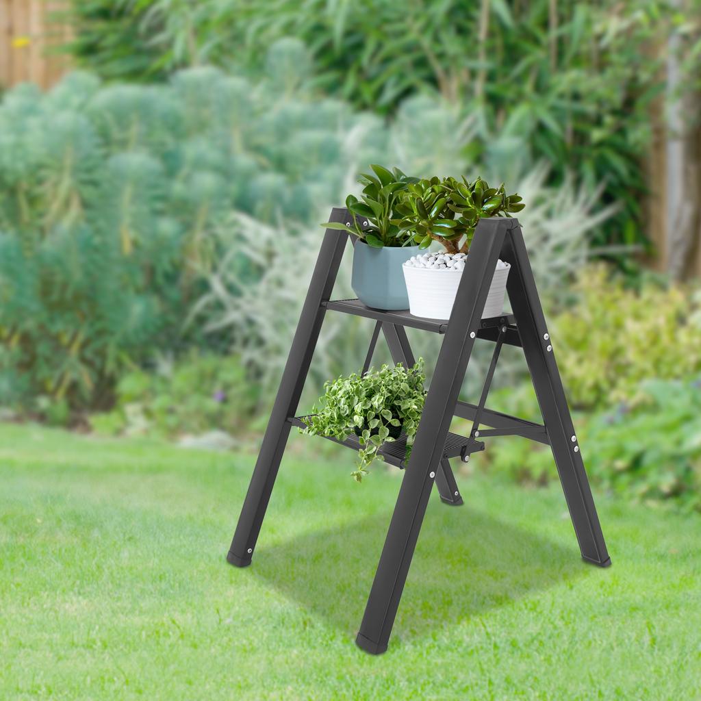 Black Aluminum Alloy Folding 2-Step Ladder, A-shaped Foldable Step Ladder Floorstanding 45*52cm Load 300kg for Balconies