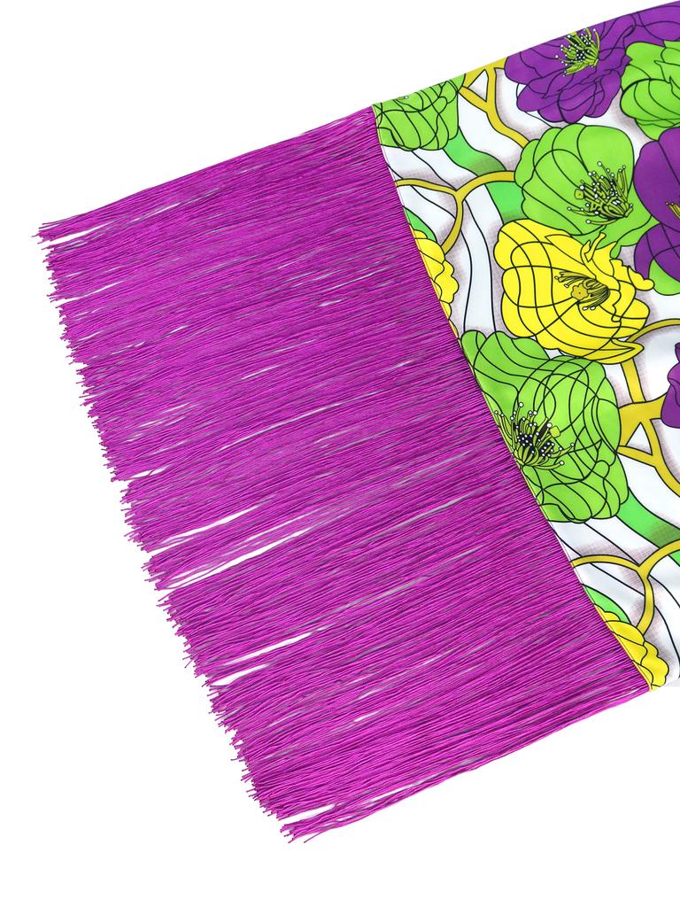 AOMEI Purple Printed Fringe Dresses for Women Bare Shoulder Irregular Short Puff Sleeves Floral Bodycon Evening Party Tassel Vestidos