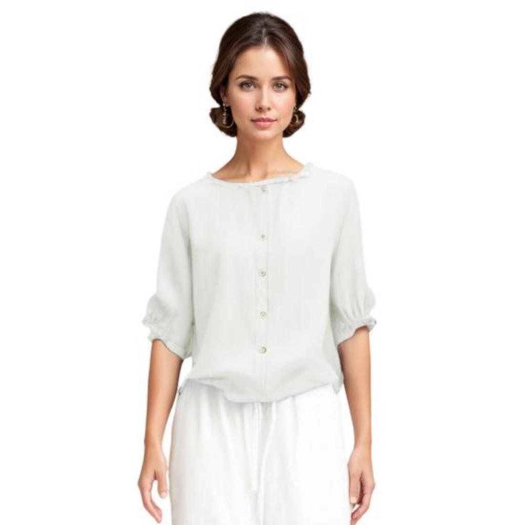 Women Shirt Round Neck Three-Quarter Sleeve Shirt Tops Solid Color Ruffle Trim Buttons Decor Loose Fit Blouse