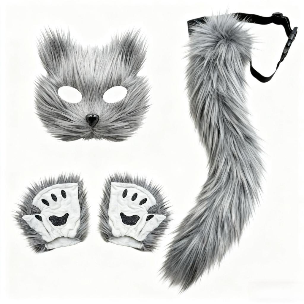 Factory Direct Cute Furry Red Panda Costume Set Mask Tail Paw Gloves for Halloween Party