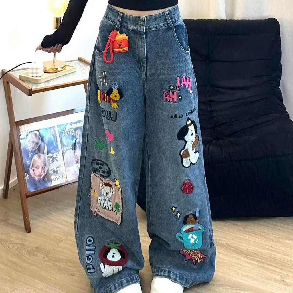 American fun cartoon sticker embroidered jeans women's spring and autumn new design sense loose wide-leg trousers tide