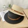 French retro flat top straw hat letter belt summer women's fashion British Hepburn vacation beach sun hat men