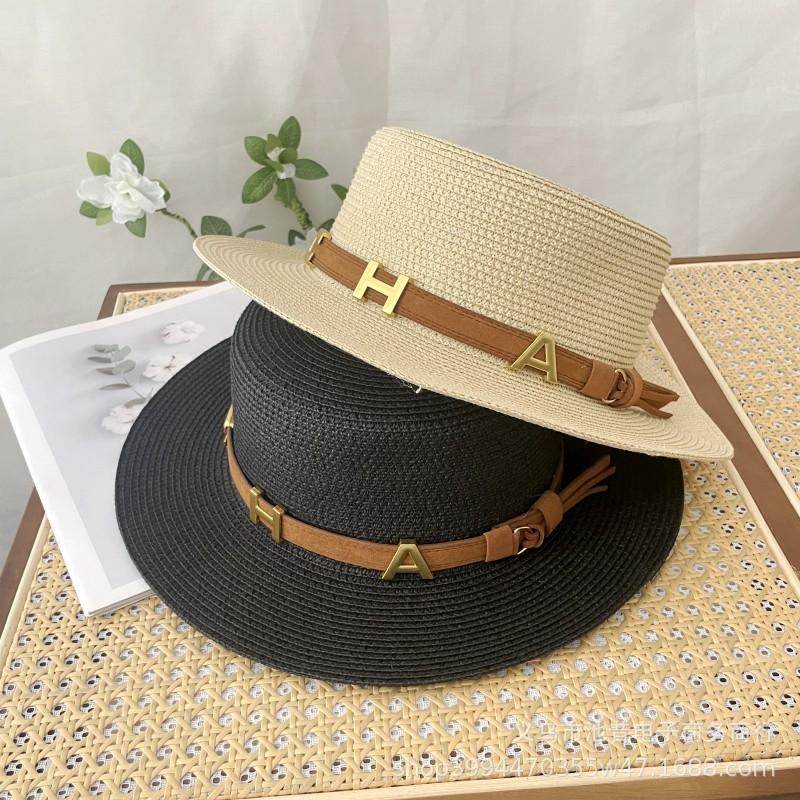French retro flat top straw hat letter belt summer women's fashion British Hepburn vacation beach sun hat men