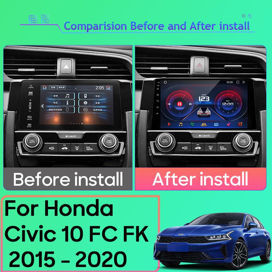 Android 14 Для Honda Civic 10 FC FK 2015 - 2020 Автомагнитола Мультимедийный Видеоплеер Беспроводной Адаптер Android Auto