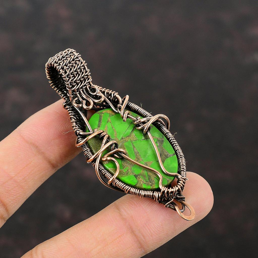 Copper Green Turquoise Gemstone Pendant Copper Wire Wrapped Pendant Handmade Wire Wrapped Jewelry Birthstone Pendant Copper Jewelry For Gift