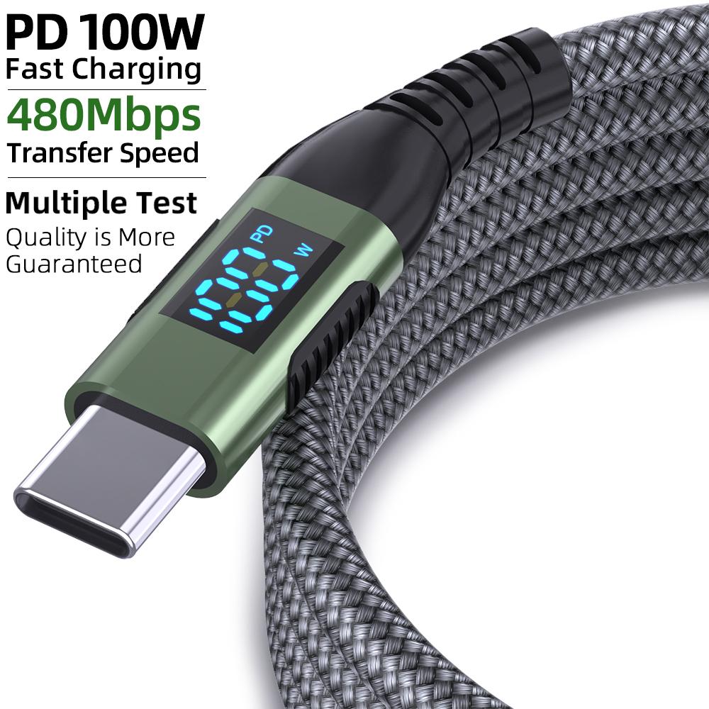 Кабель USB C - USB C мощностью 100 Вт, Type C PD 5A, быстрая зарядка для светодиодного дисплея, нейлоновая оплетка, зарядный шнур для iPhone 16 15, MacBook, iPad