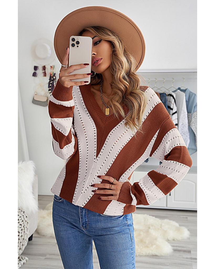 Azura Exchange Вязаный свитер с V-образным вырезом и цветными блоками