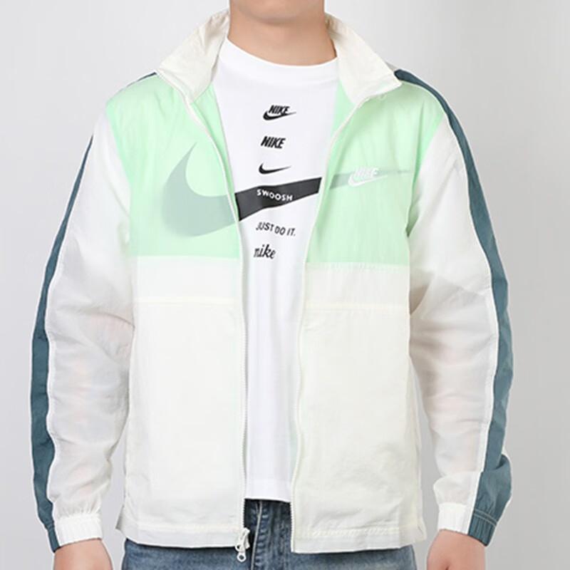 Nike Спортивная одежда с тканым логотипом, компактная куртка с капюшоном, мужские куртки, белый, зеленый, CU4310-133