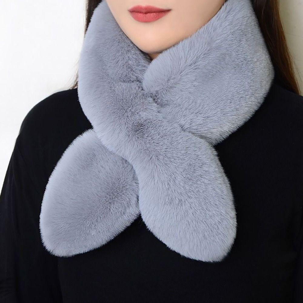 Faux Rabbit Fur Plush Cross Scarf Solid Color Neckerchief Wrap Winter Warm Neck Scarf  Girls