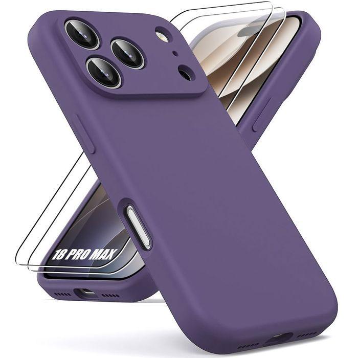 Coque pour iPhone 18 Pro Max, Silicone Slim Anti-Rayures Antichoc Violet Foncé - 2 Verres Trempés