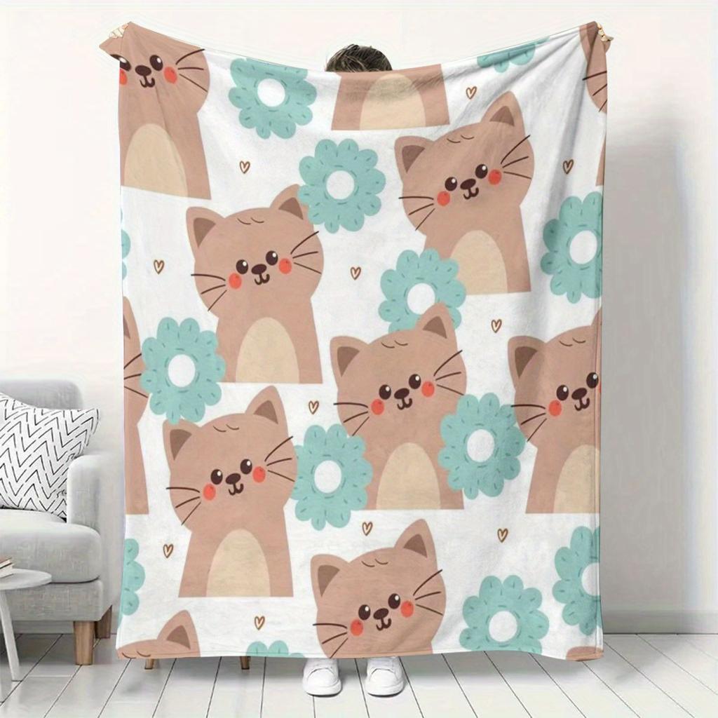 Cartoon Cat Flannel Blanket - Soft Digital Print Blanket for Camping/Sofa/Bed, Comfortable Men/Women Gift for All Seasons