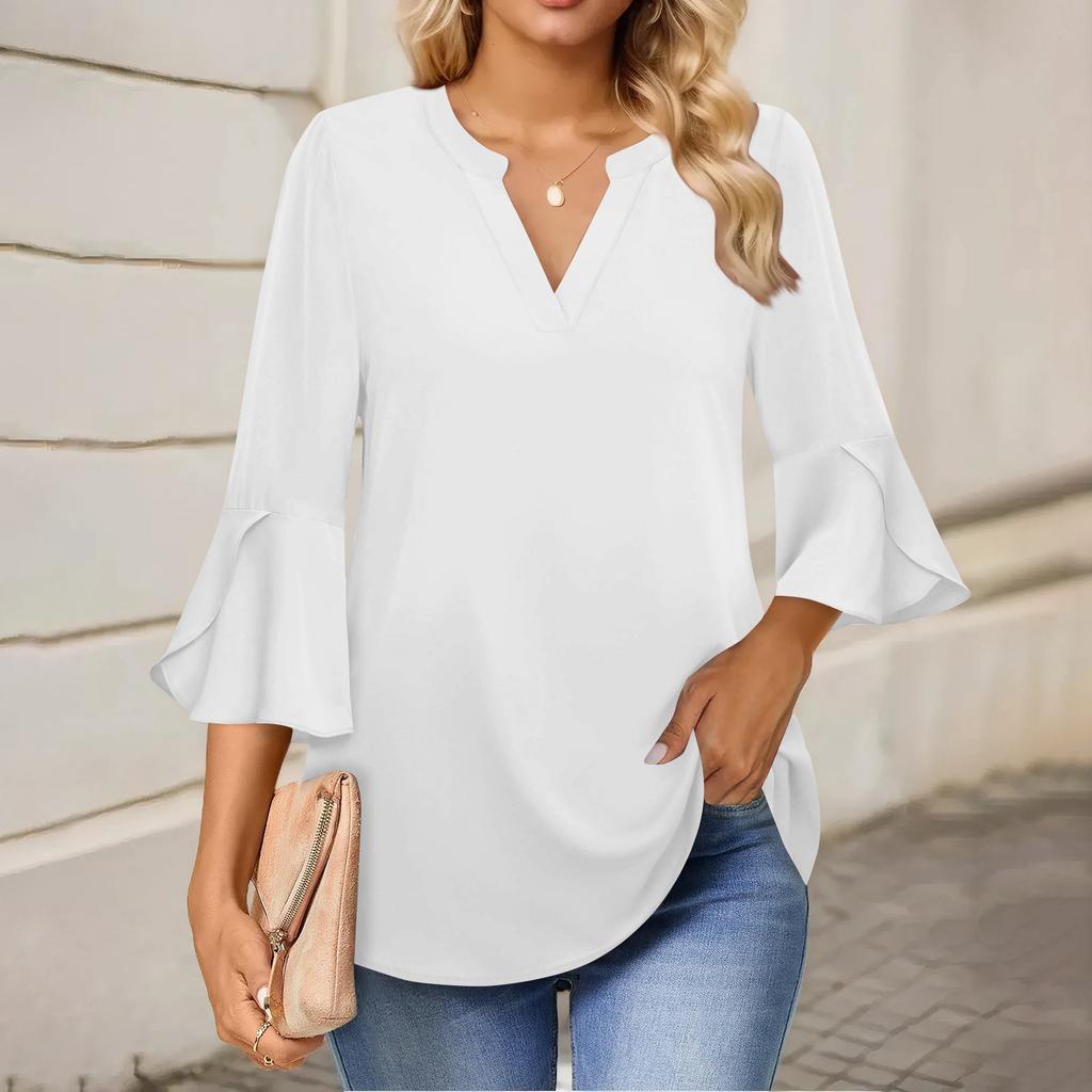 Женская рабочая рубашка с плиссировкой и рукавом 3/4, рубашка с V-образным вырезом, повседневная рубашка с завязками на талии, деловая рубашка