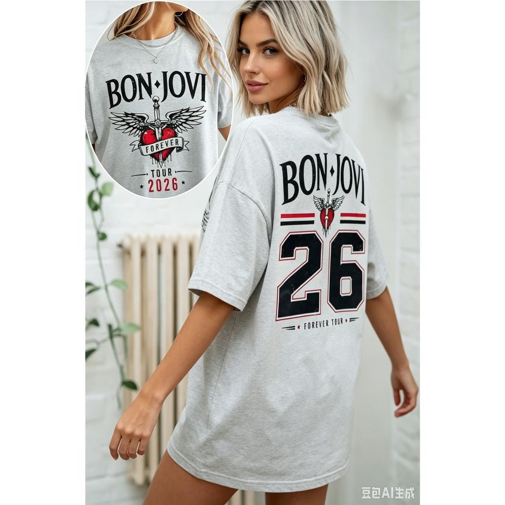 Bon Jovi Print T-shirt Women Men Crewneck Streetwear Harajuku Casual Oversized Y2k Short Sleeves Casual Loose Comfortable Female Male Clothing