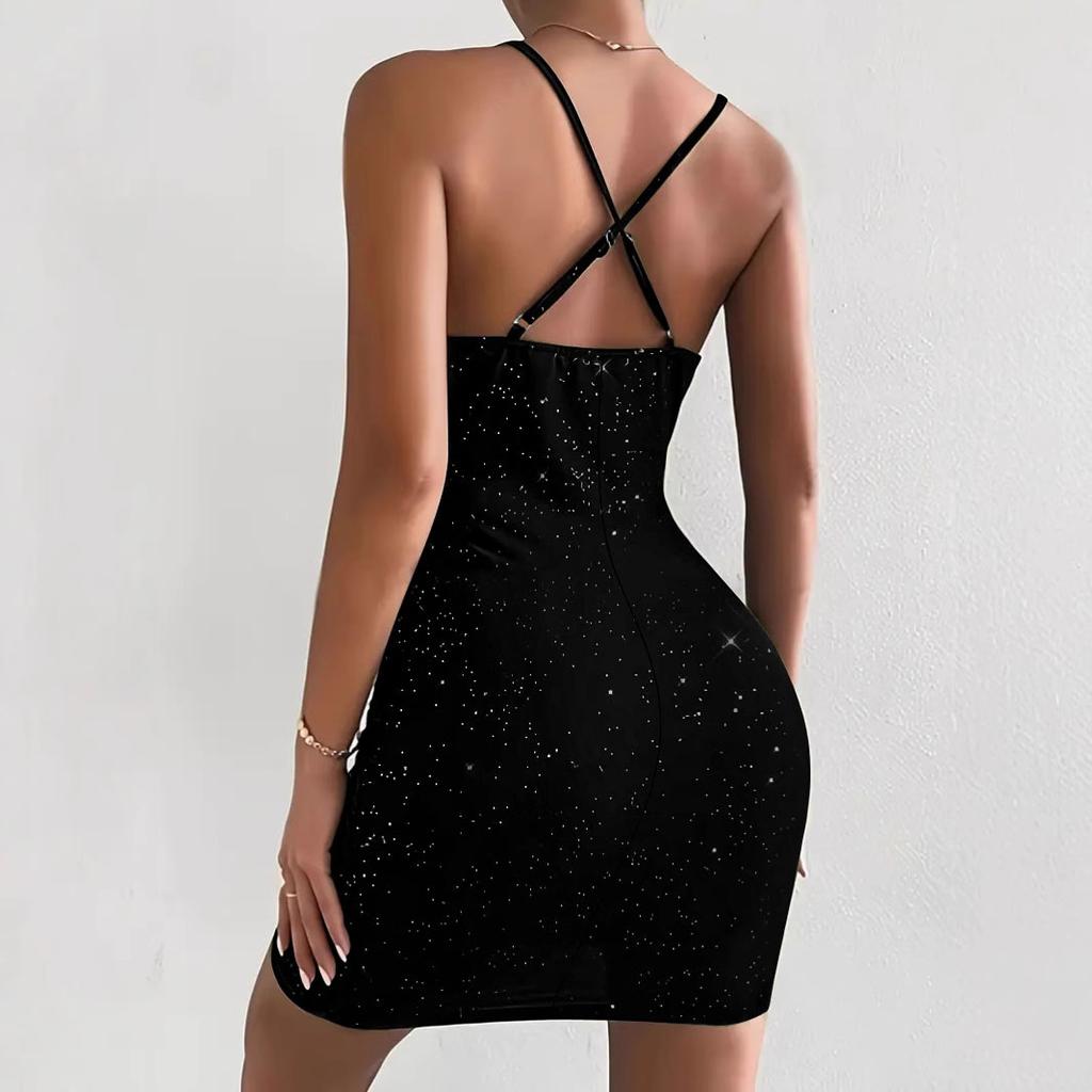 Женское однотонное короткое платье золотистого тона с V-образным вырезом и перекрестными бретелями