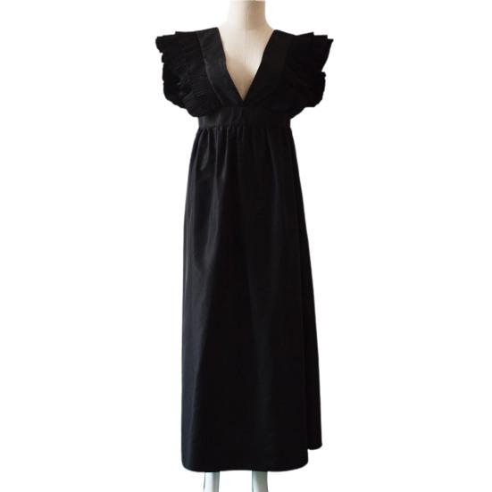 Women Prom Dress Flying Sleeve Ruffles Low-cut Deep V Neck Pleated Dress Up Floor Length High Waist Evening Dress Cocktail Dance Clothes