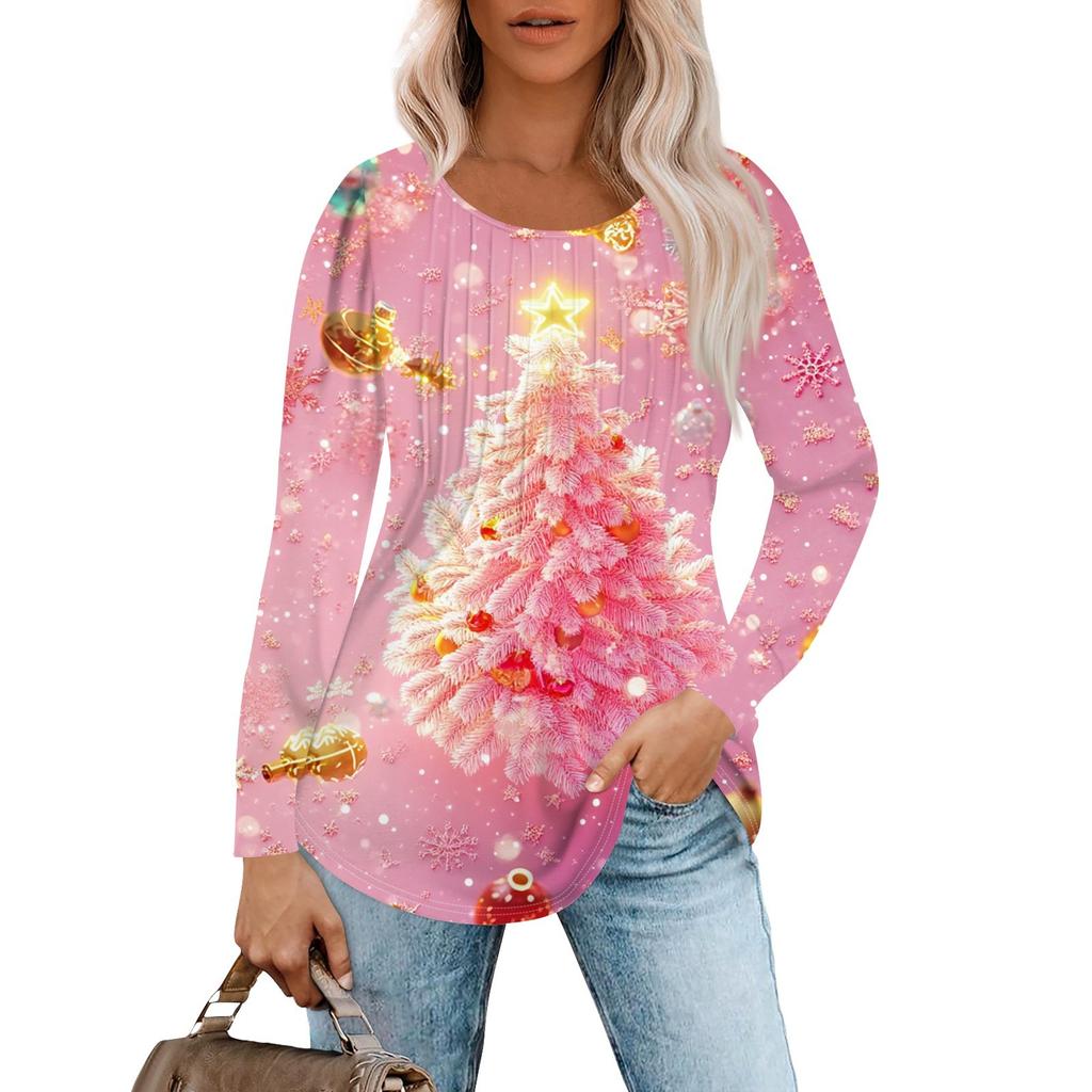 Women's Casual Top Christmas Printed Round Neck Long Sleeved Pleated T-shirt