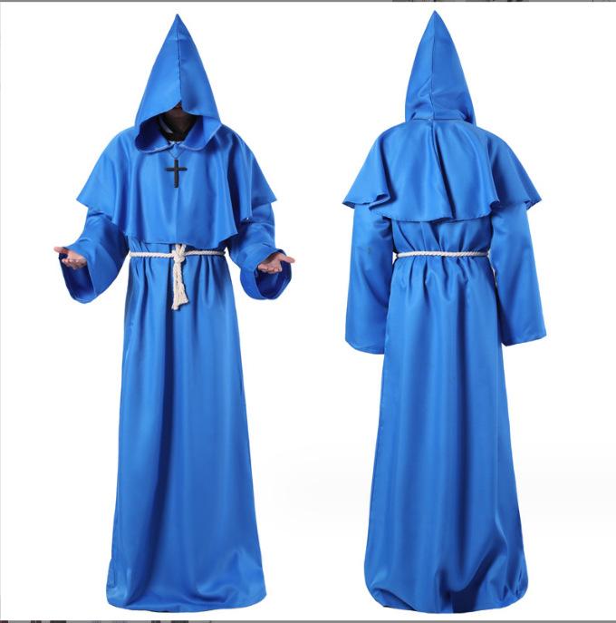 Medieval Monk Robe Renaissance Priest Halloween Cosplay Costumes Wizard Carnival Party Hooded Cloak With Cross Necklace