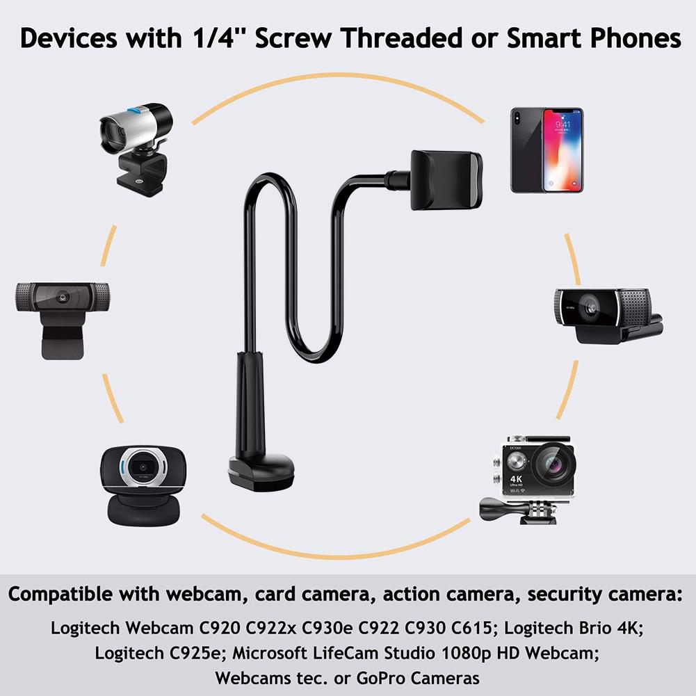 Webcam Stand Phone Holder with Universal 14 Inch Screws Flexible Arm 360 Desk Bed Gooseneck Mount
