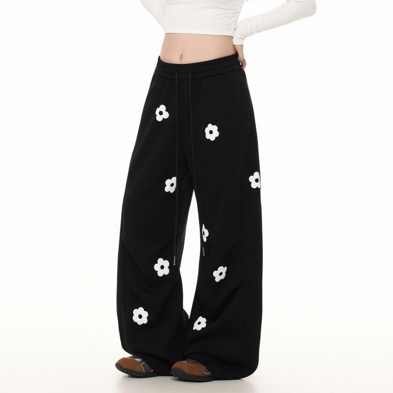 OREETA American Floral Embroidery Sweatpants Unisex Loose Wide Leg Casual Pants