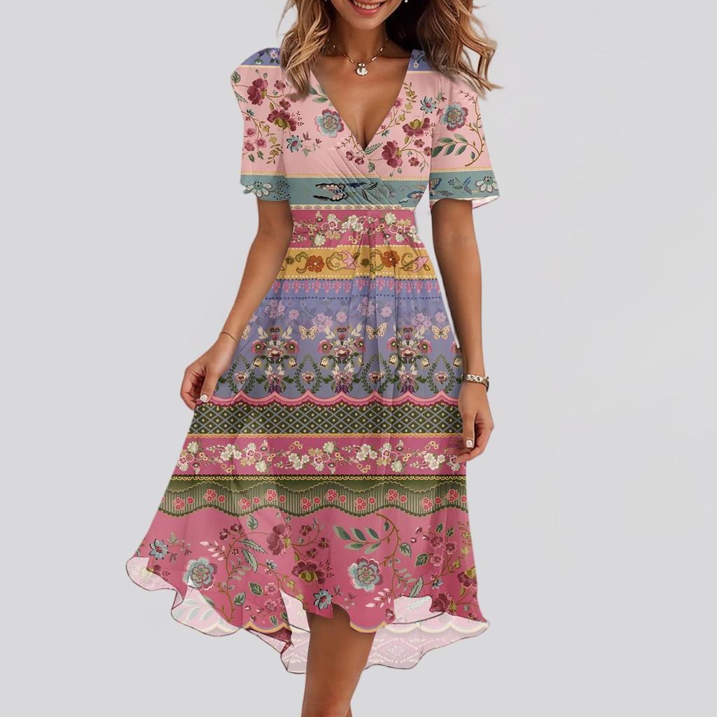 Женские модные повседневные платья с V-образным вырезом, короткими рукавами и оборками, винтажным принтом