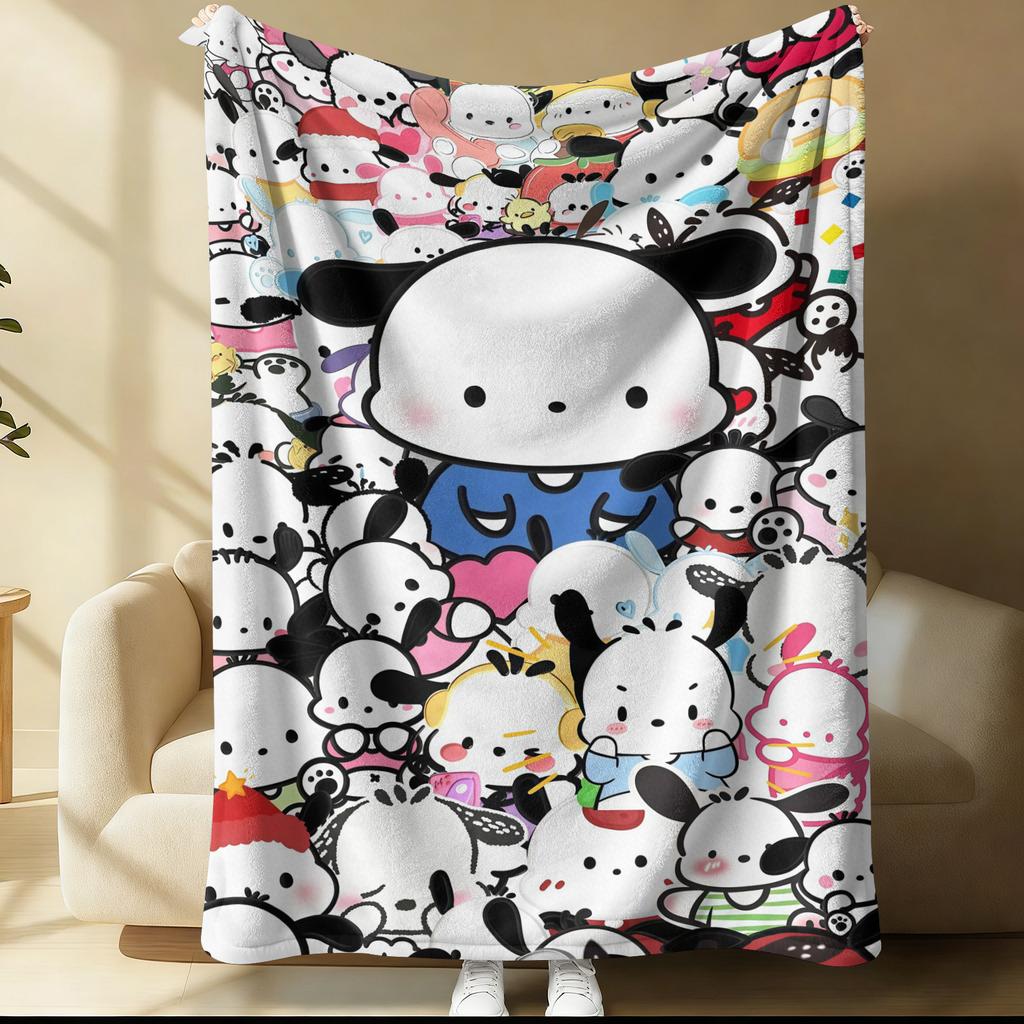 Pochacco Green Blue Sticker Blanket Cute Kawaii Allover Pattern Flannel Plush Throw for Home Decor Bed Sofa Napping Camping
