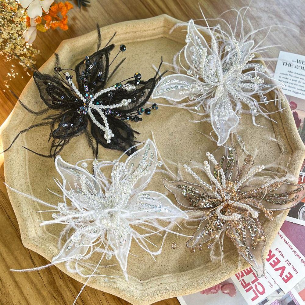 Кристальный Цветок 3D Цветок из Органзы Патч Патч с Вышивкой Пером Жемчугом Украшение для Платья