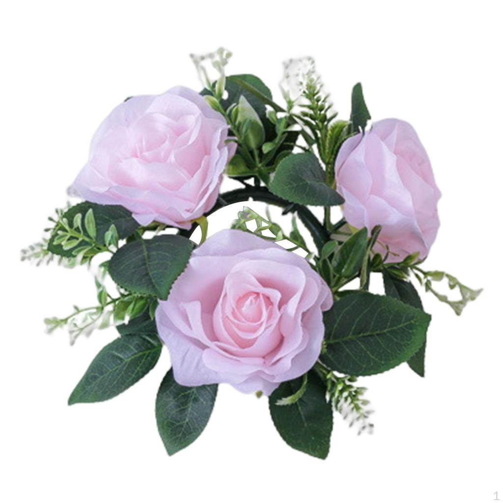 Artificial Roses Candle Rings Small Wreath Pillar Holder 23cm Flower Garland for Christmas