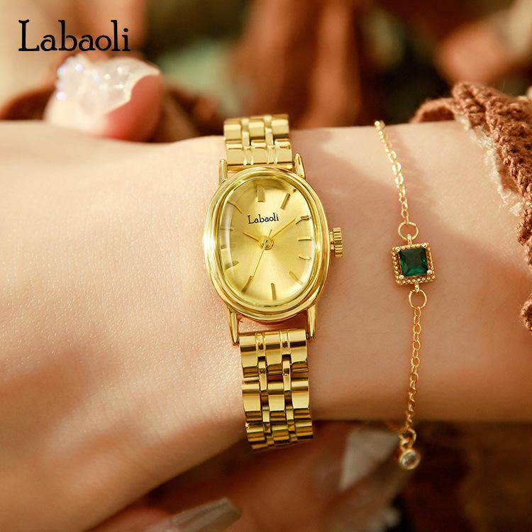 Изысканные женские часы La Baoli с овальным циферблатом и золотым стальным браслетом - Стиль интернет-знаменитости