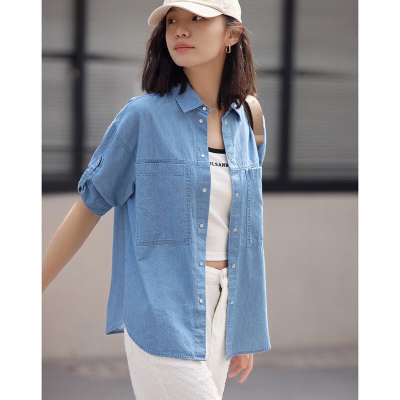 Женская джинсовая рубашка с отложным воротником и закатывающимися рукавами