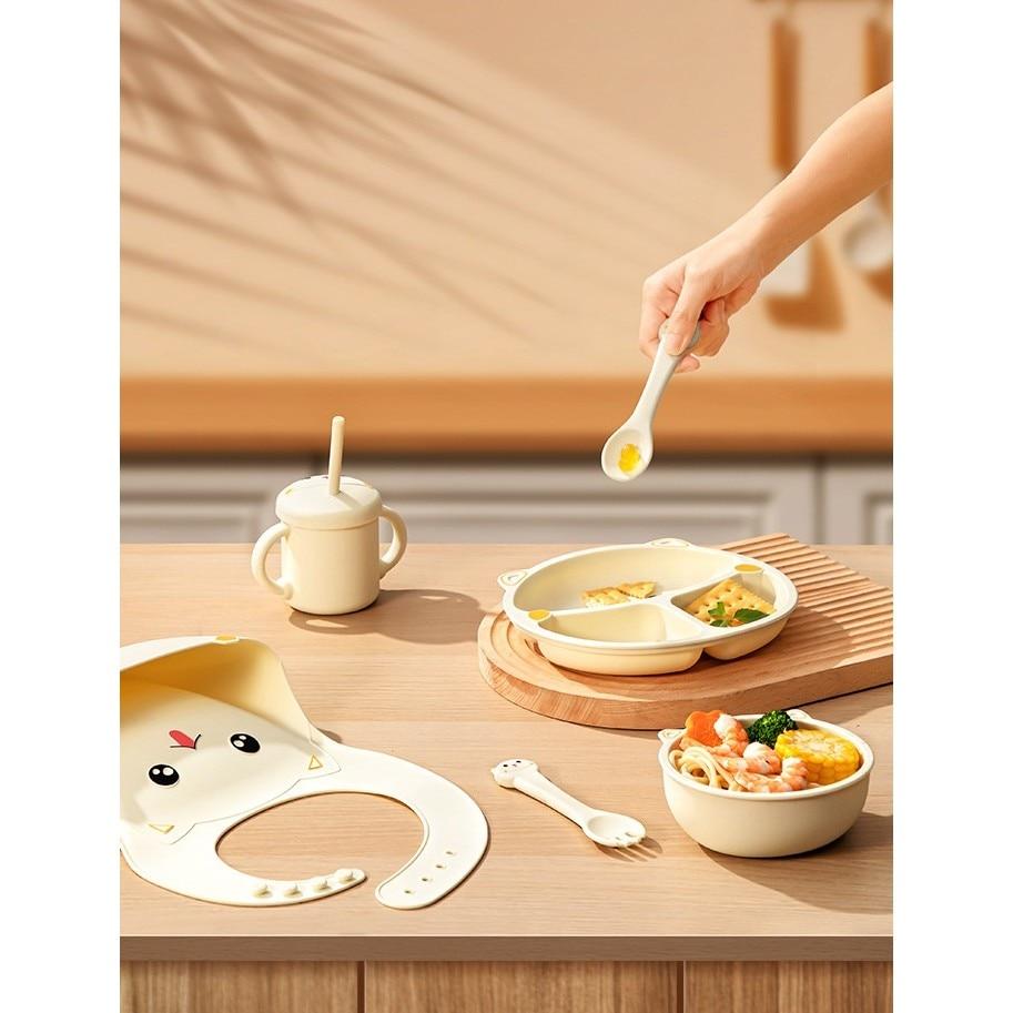 7-Piece Silicone Baby Feeding Set, BPA-Free, Cute Cat Design, Toddler Plate Set with Suction Base, 12M+, 30x25x6cm, Beige Fitilomania