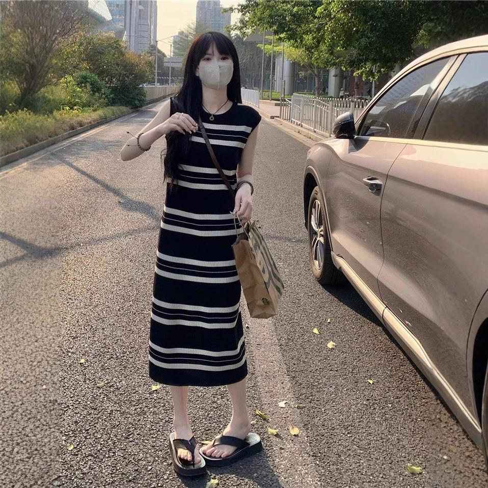 Casual Striped Sleeveless Ice Silk Midi Dress