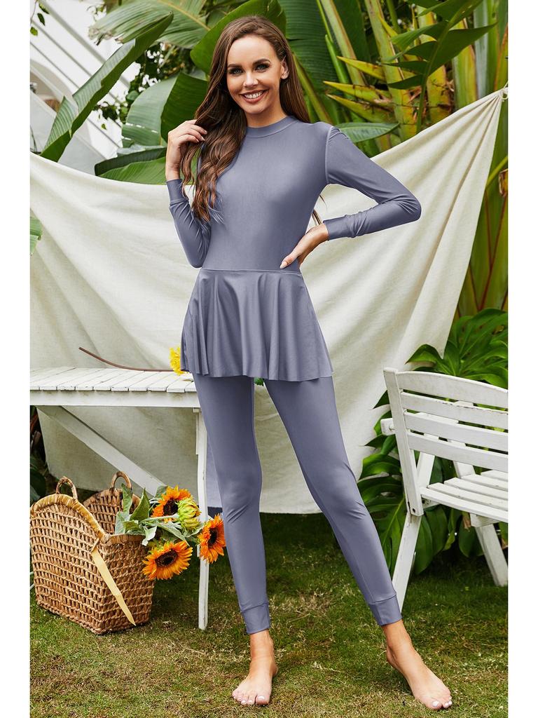 Solid Color Full Coverage Long Sleeve Surfer Sunsuit - Conservative One-Piece Arabic Swimsuit