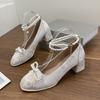 High Heels Women's 2025 New Chinese Bow Pearl Chain Square Head Light Mouth Thick Heel Versatile Mary Jane Shoes